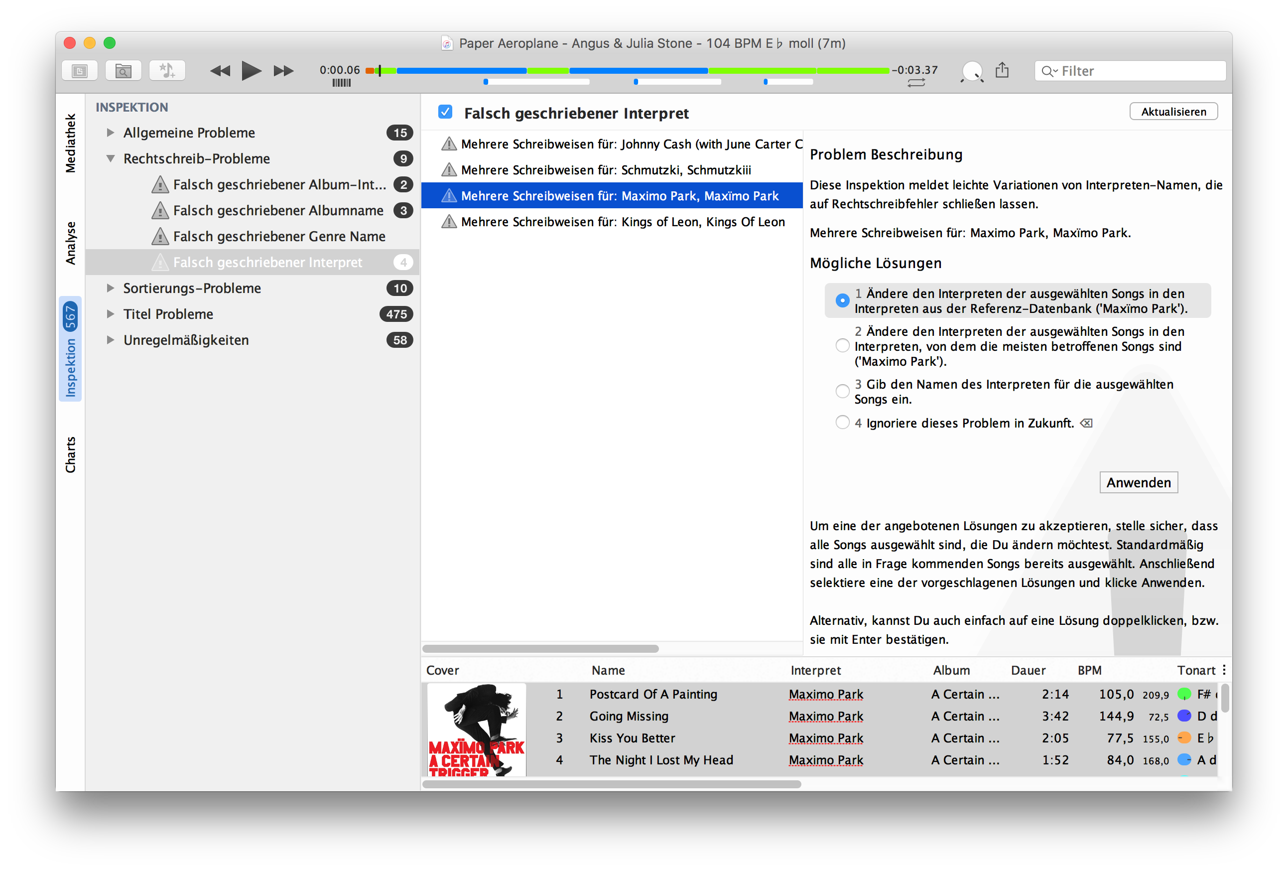 beaTunes Inspektions-Dialog